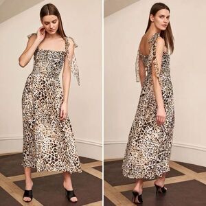 La Ligne 100% Silk Lou Shirred Smocked Midi Dress in Leopard Print Size L